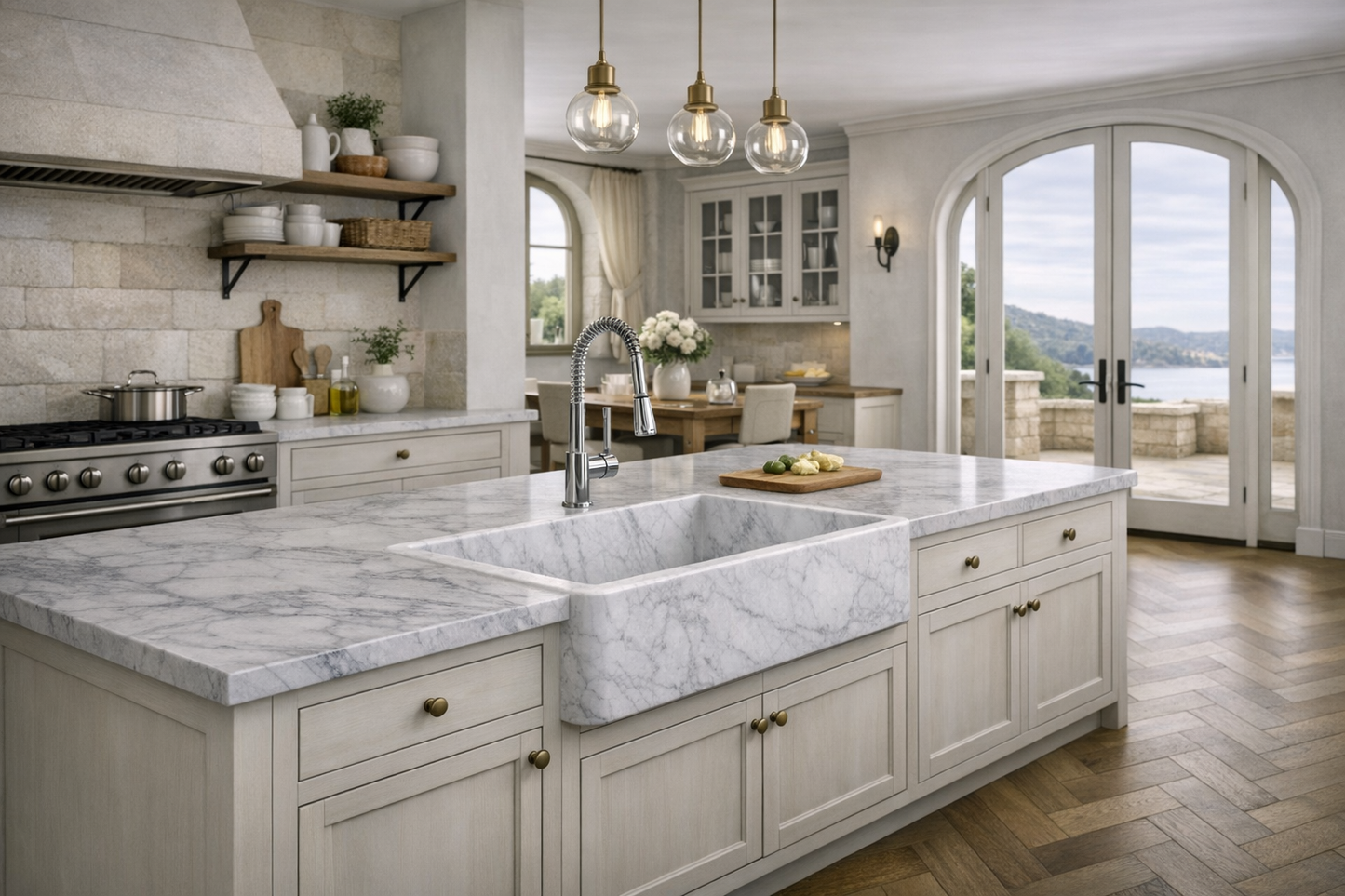 33" White Carrara Marble Farmhouse Sink