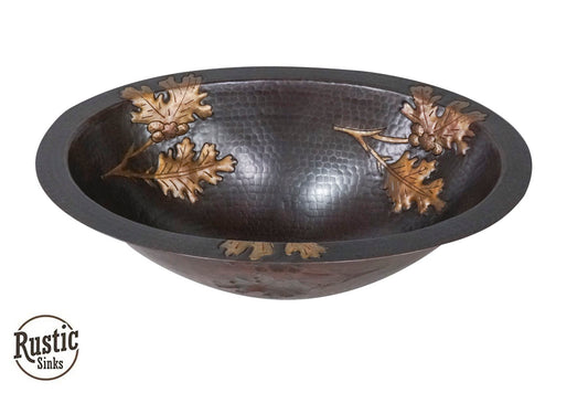 Flat Edge Oval Copper Sink with Oak Leaf Design