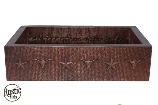 Copper Farmhouse Sink w/Barbwire, Stars & Longhorn