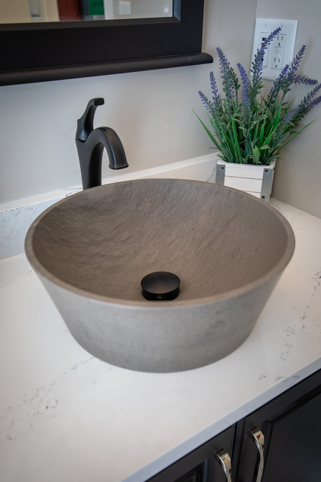 16" Round Sloped Molly Grey Marble Stone Vessel Sink