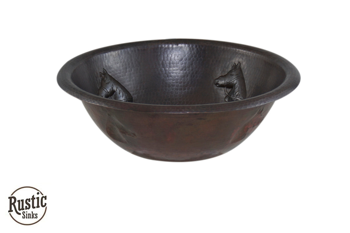 Round Hammered Copper Sink with Horses