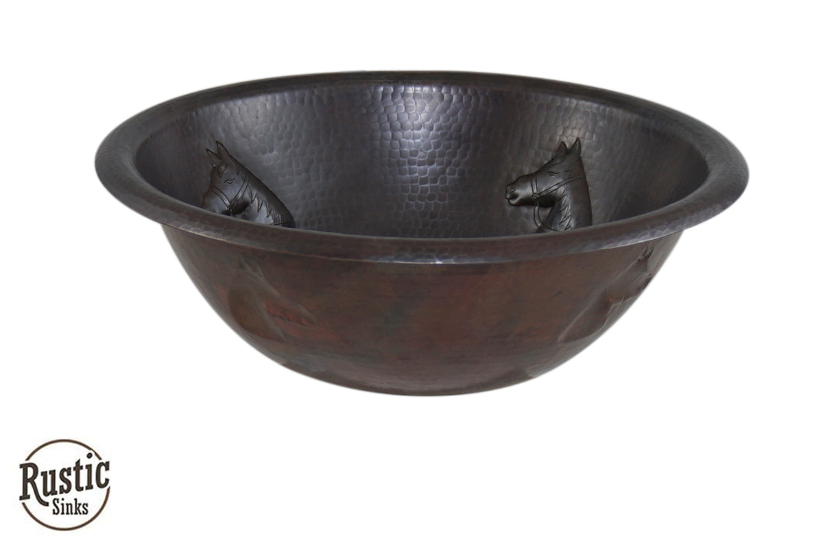 Round Hammered Copper Sink with Horses