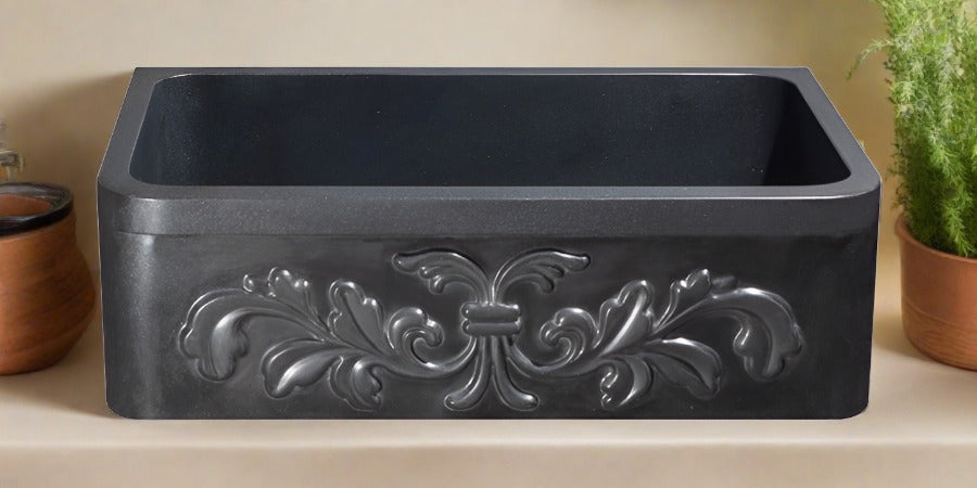 33" Black Granite Stone Farmhouse Sink with Floral Carved Front