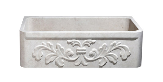 33″ Cantera Beige Marble Carved Floral Front Farmhouse Sink