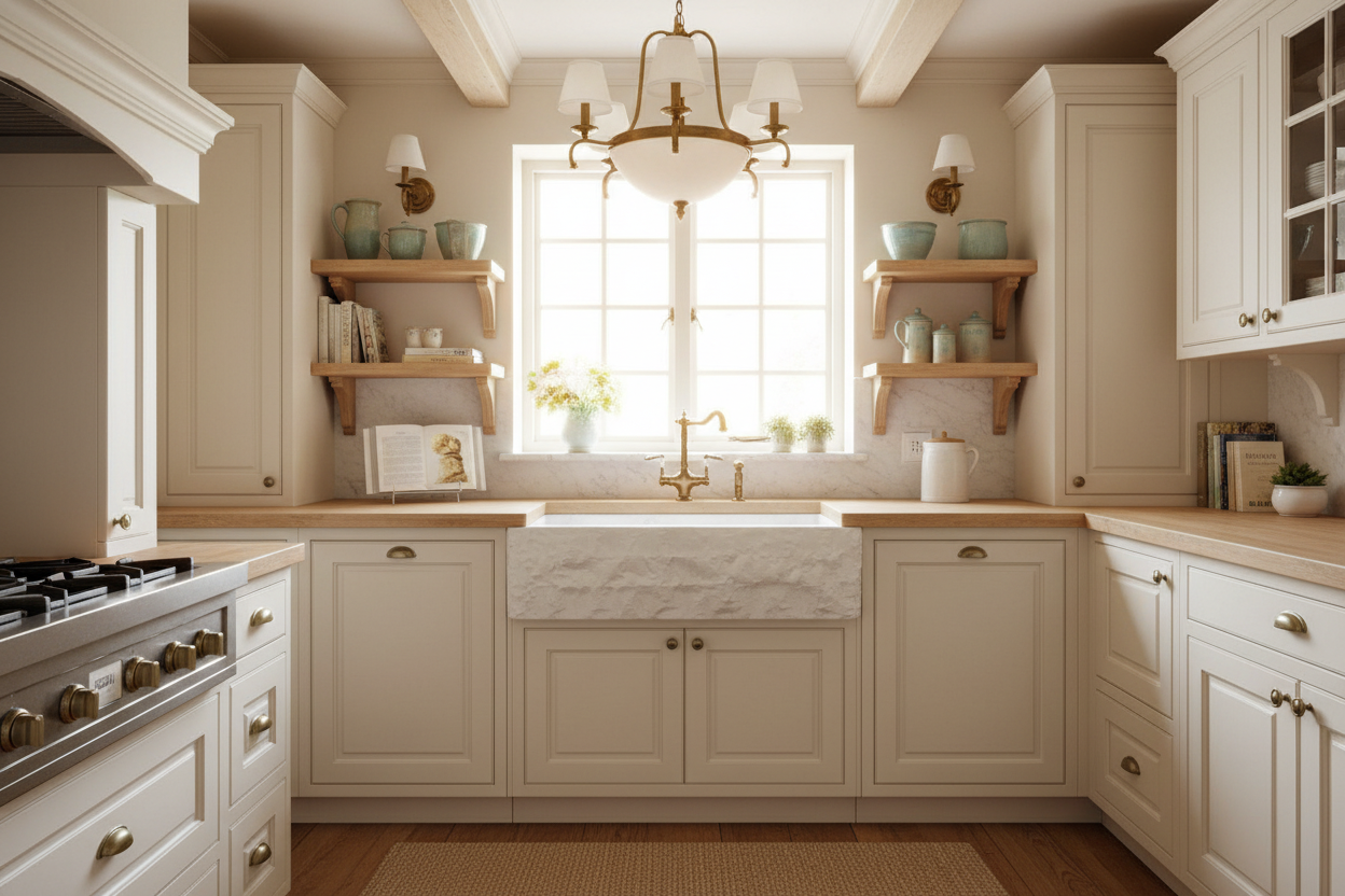 White Carrara stone sink in a warm French style kitchen