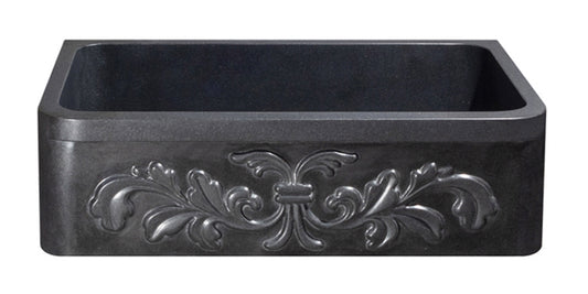 36" Black Granite Floral Front Carved Farmhouse Sink