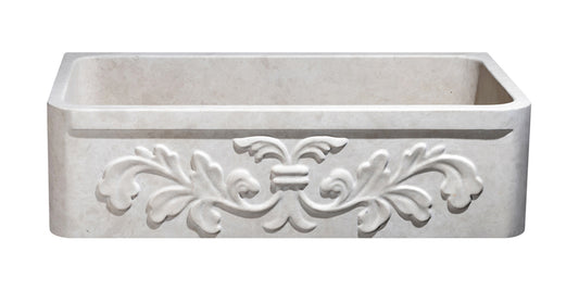 36″ Cantera Beige Marble Farmhouse Sink with Floral Carved Front
