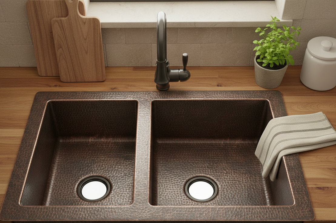 Classic Copper Kitchen Sink 60/40 Split - Offset Double Bowl Farmhouse Sink