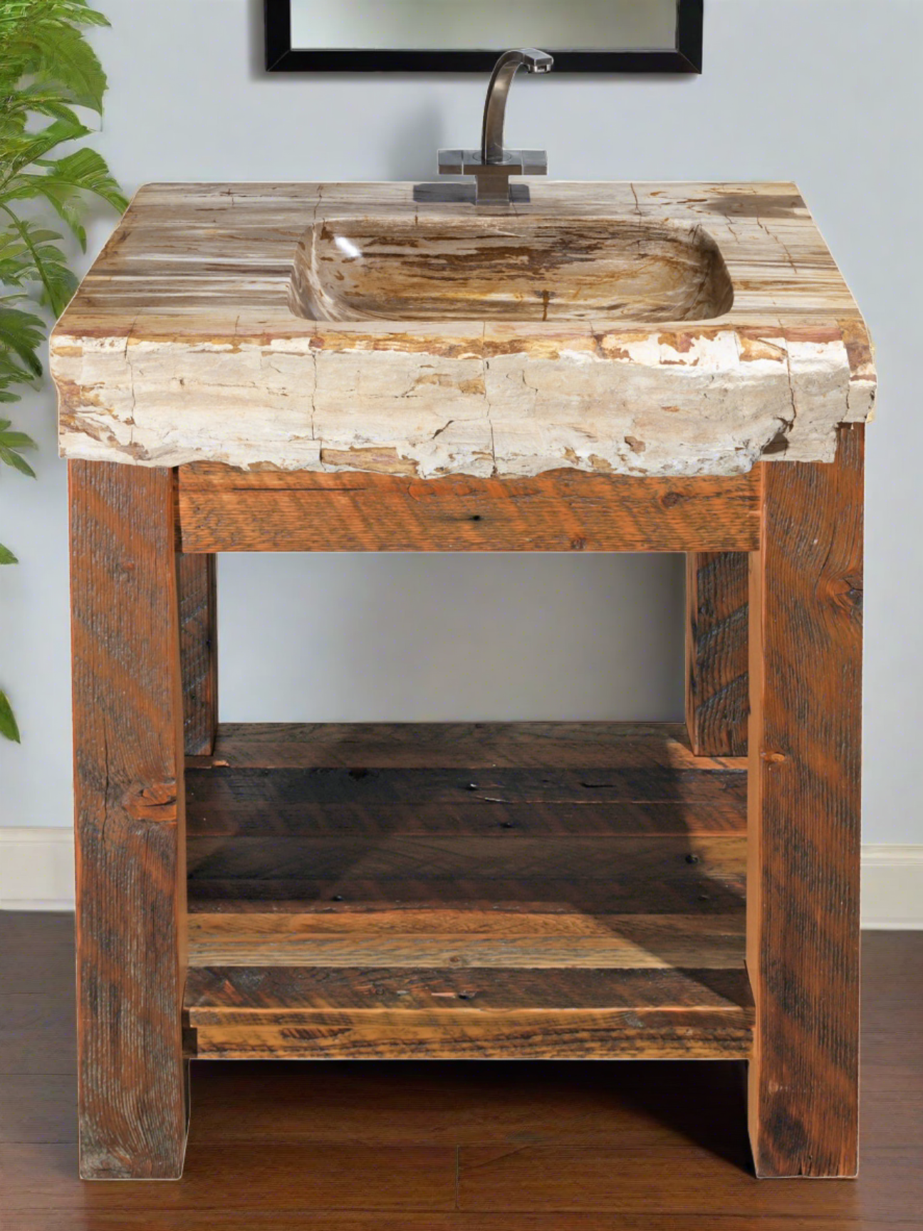 Wood vanity with petrified wood sink