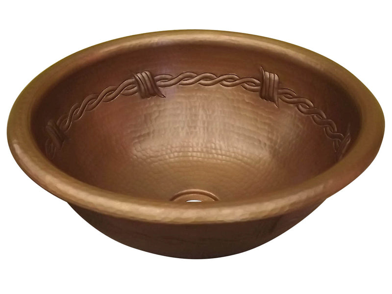 Round Hammered Copper Sink Barbwire Design