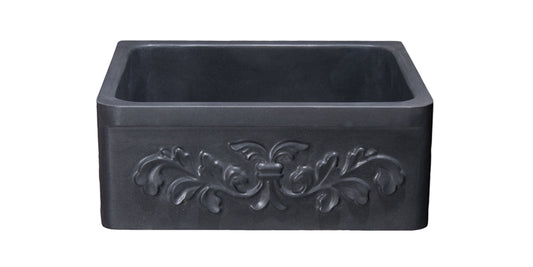 24" Farmhouse Kitchen Sink Floral Carved Front-Black Lava