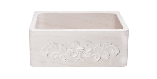 24" Farmhouse Kitchen Sink Floral Carved Front-Crema Lyon Limestone