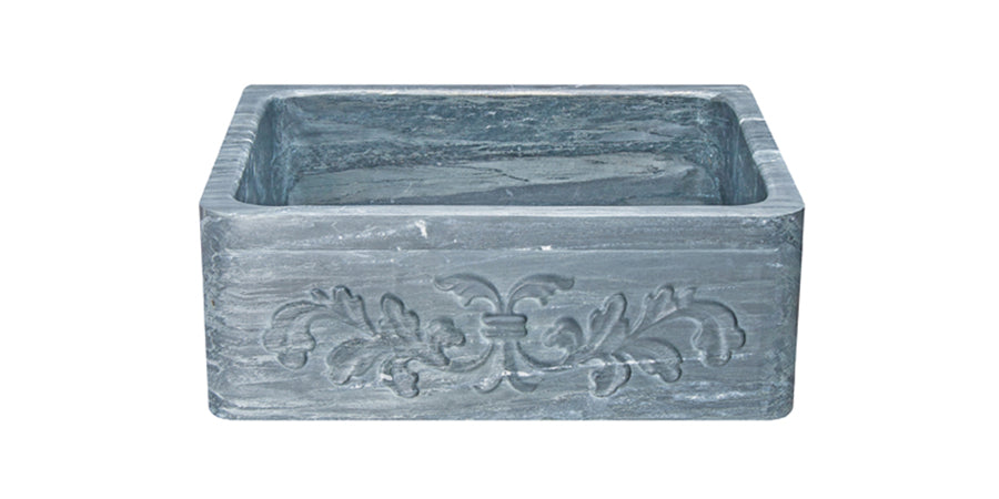 24" Farmhouse Charcoal Soapstone Single Bowl Kitchen Sink with Floral Carving Front