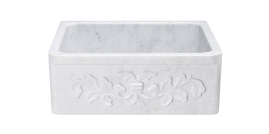 24" Farmhouse Kitchen Sink Floral Carved Front-White Carrara Marble