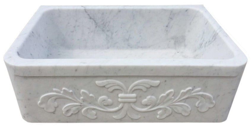 30" White Carrara Marble Floral Apron Farmhouse Sink