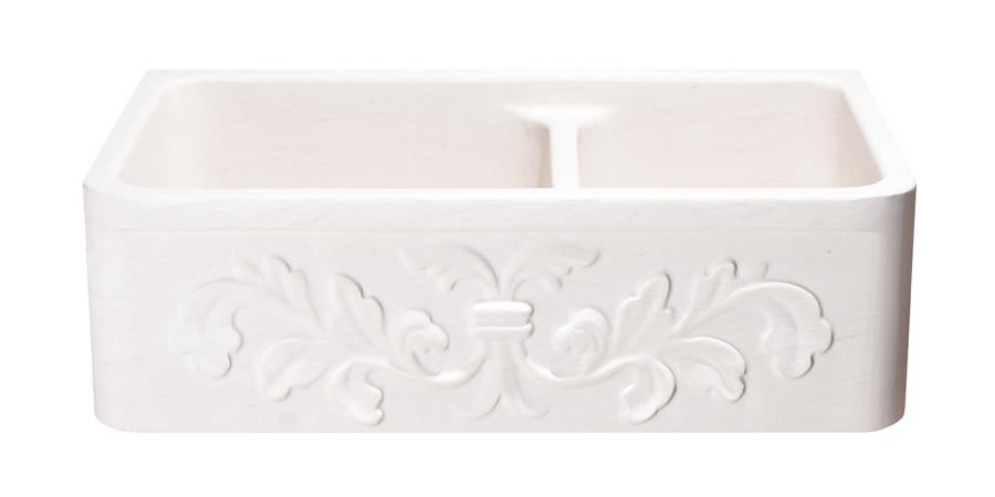 33" Limestone Floral Apron Front 60/40 Split Farmhouse Sink