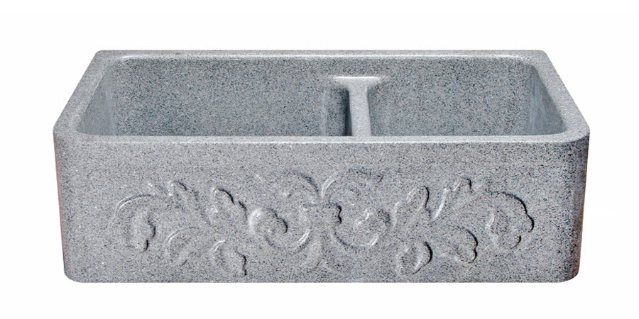 33" Mercury Granite 60/40 Farmhouse Sink with Floral Carved Front