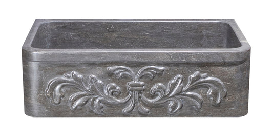 33" Smoke Brown Limestone Floral Carved Front Farmhouse Sink