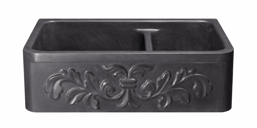 33" Black Granite Stone Carved Apron Sink 60/40 Split Bowls
