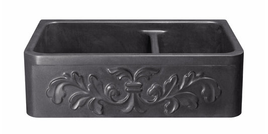 33" Black Granite Stone Carved Apron Sink 60/40 Split Bowls