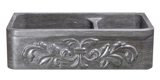 36" Smoke Brown Limestone Floral Carved Double Bowl Farmhouse Sink