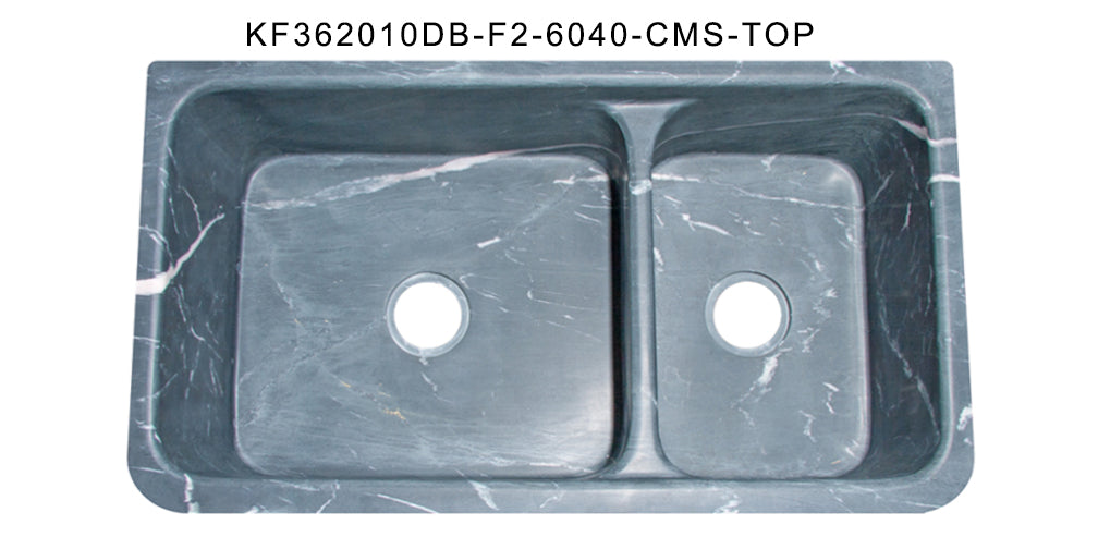 36" Farmhouse Charcoal Soapstone 60/40 Bowl Kitchen Sink with Floral Carving Front