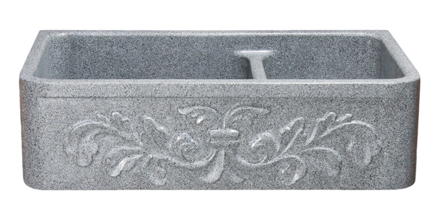 36″Grey Granite 60/40 Farmhouse Sink with Floral Carving Front