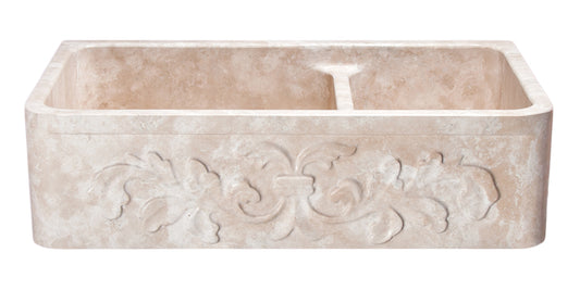 36″Travetine 60/40 Farmhouse Sink with Floral Carving Front