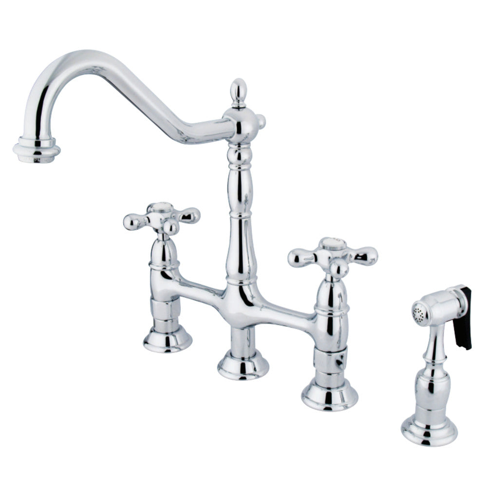 Cross Handles Bridge Kitchen Faucet with Side Spray