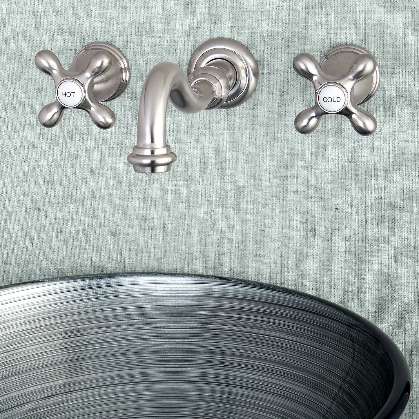 Vintage 8-Inch Wall Mount Sink Faucet with Cross Handle, Brushed Nickel