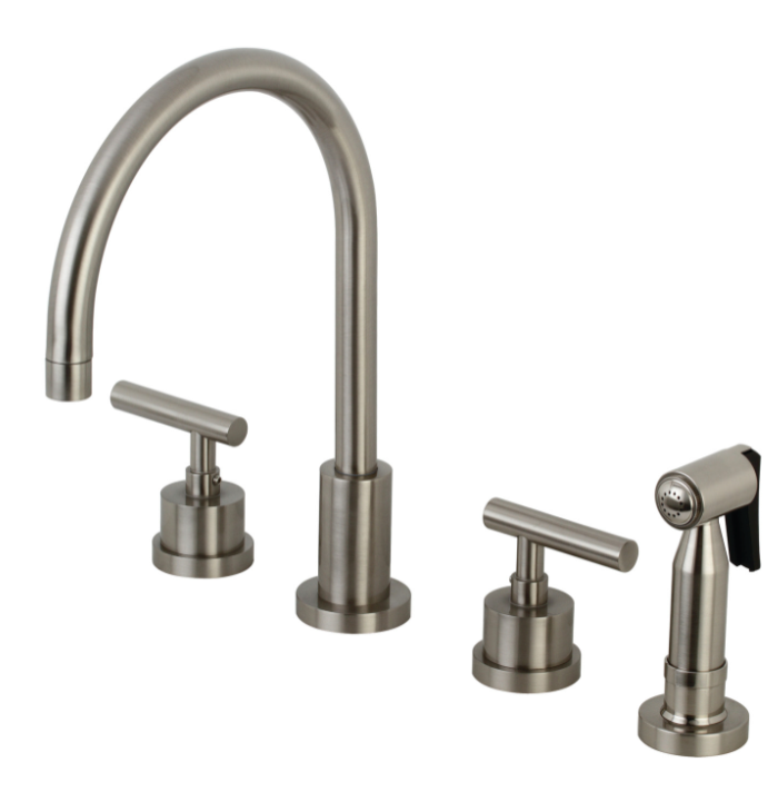 Two-Handle 4-Hole Deck Mount Widespread Kitchen Faucet with Sprayer