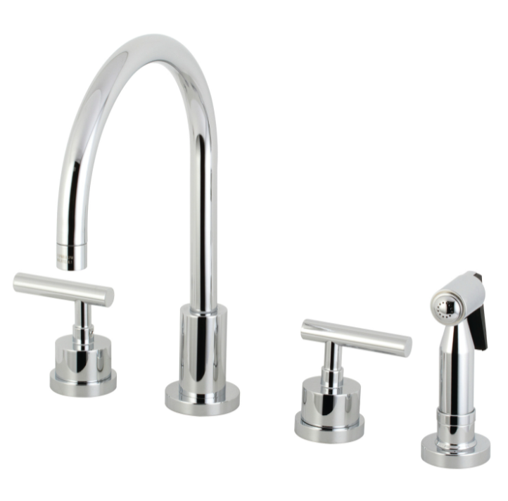 Two-Handle 4-Hole Deck Mount Widespread Kitchen Faucet with Sprayer