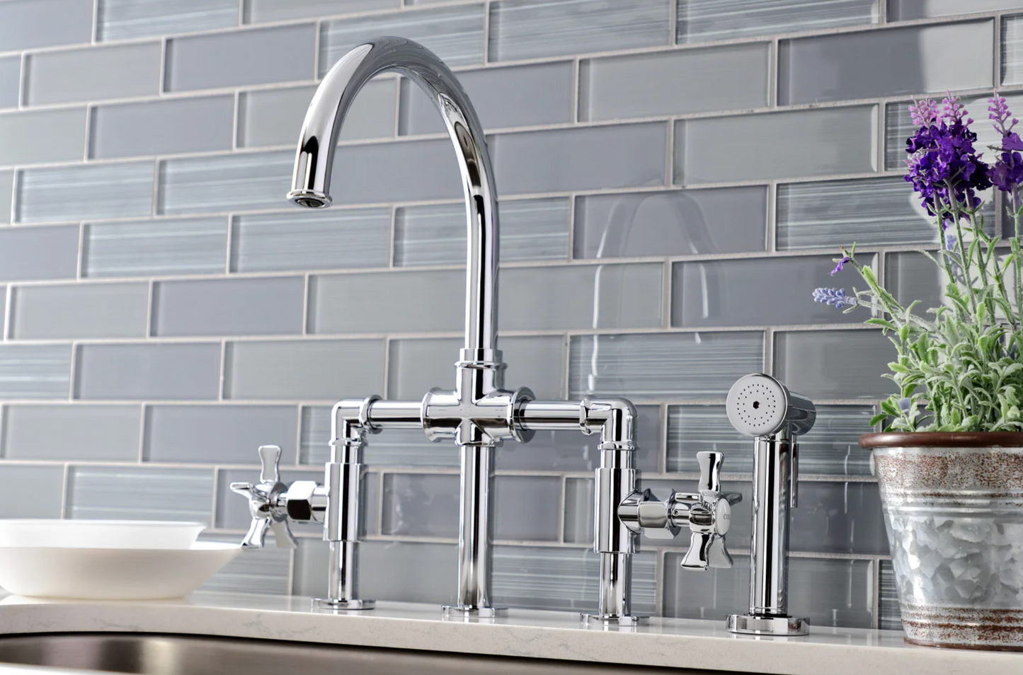 Hamilton Industrial Style Bridge Kitchen Faucet with Brass Sprayer