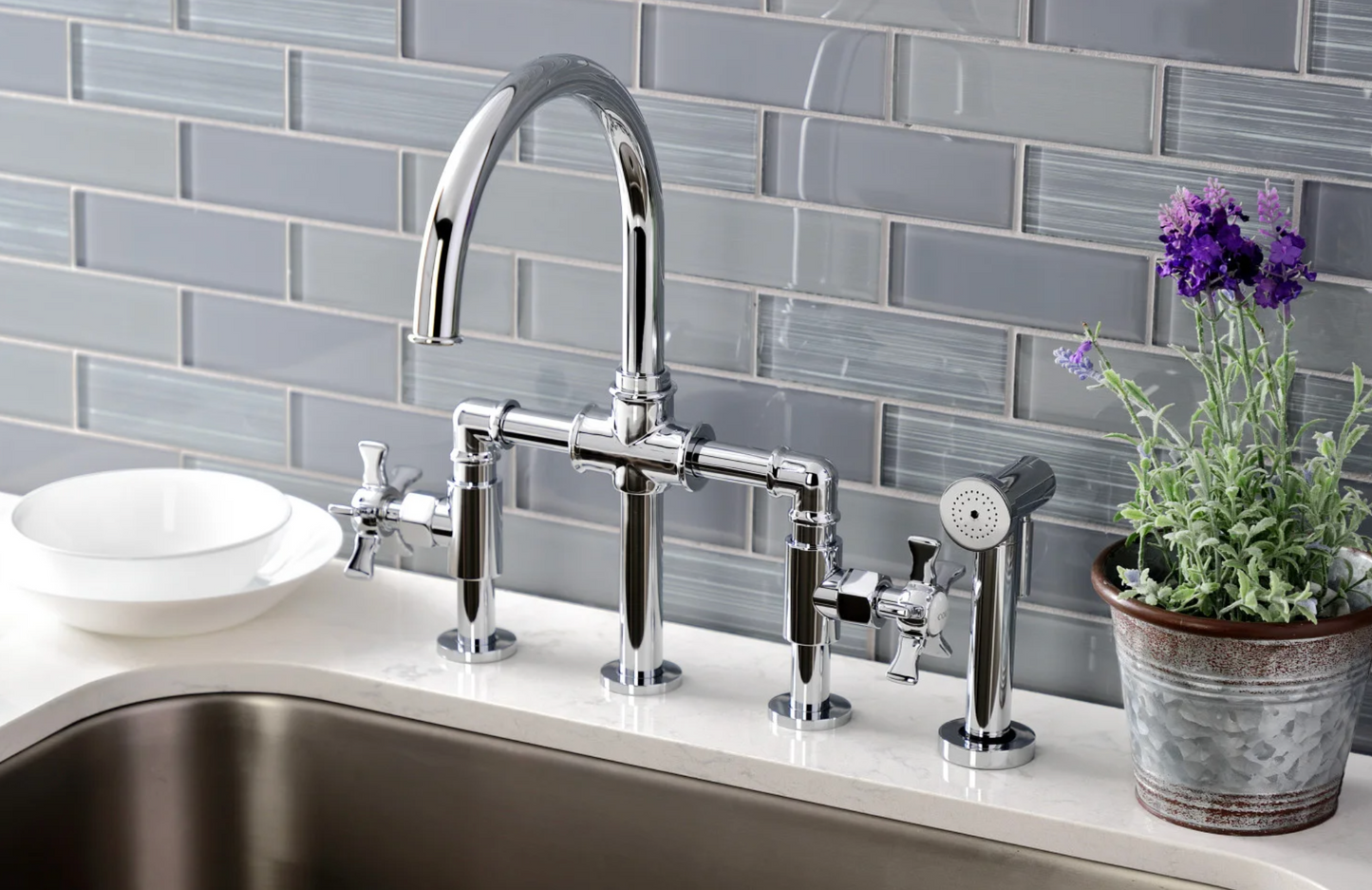 Hamilton Industrial Style Bridge Kitchen Faucet with Brass Sprayer