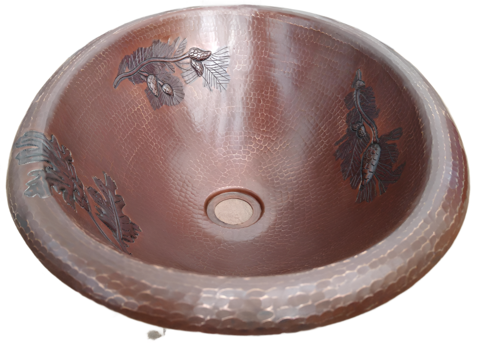 Rounded Edge Oval Copper Sink with Branch Pinecones Design