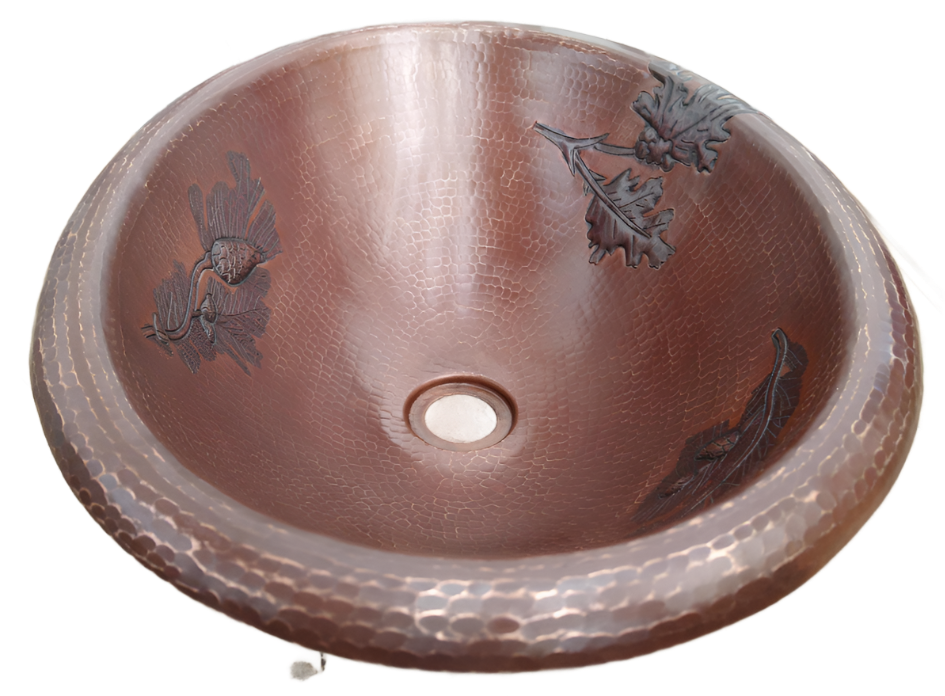 Rounded Edge Oval Copper Sink with Branch Pinecones Design