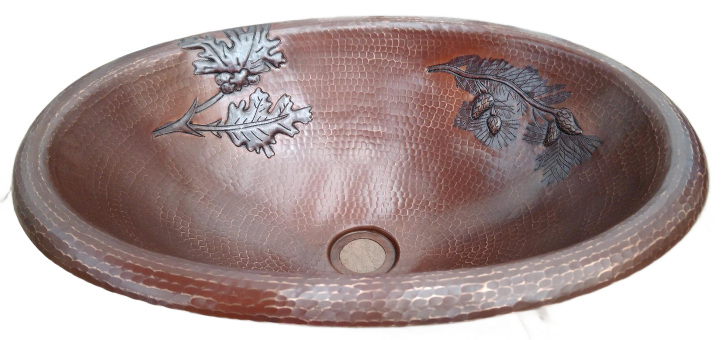 Rounded Edge Oval Copper Sink with Branch Pinecones Design