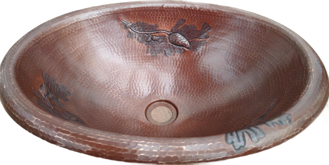 Rounded Edge Oval Copper Sink with Branch Pinecones Design