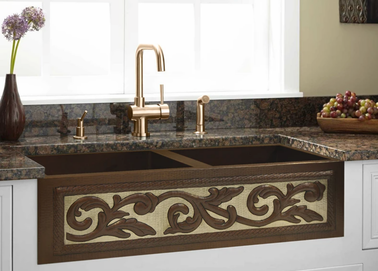 Copper Farmhouse Sink 50/0 Split Scroll Design