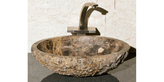 18" Oval Emperador Dark Marble Vessel Sink with Chiseled Exterior