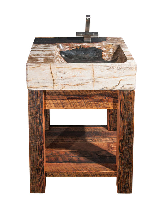 24" Rustic Reclaimed Barnwood Vanity with Petrified Wood Sink