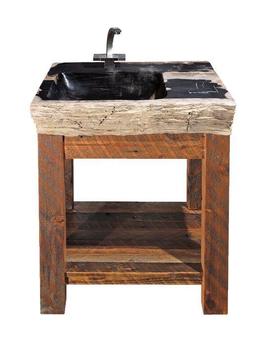 30" Rustic Reclaimed Barnwood Vanity with Petrified Wood Sink