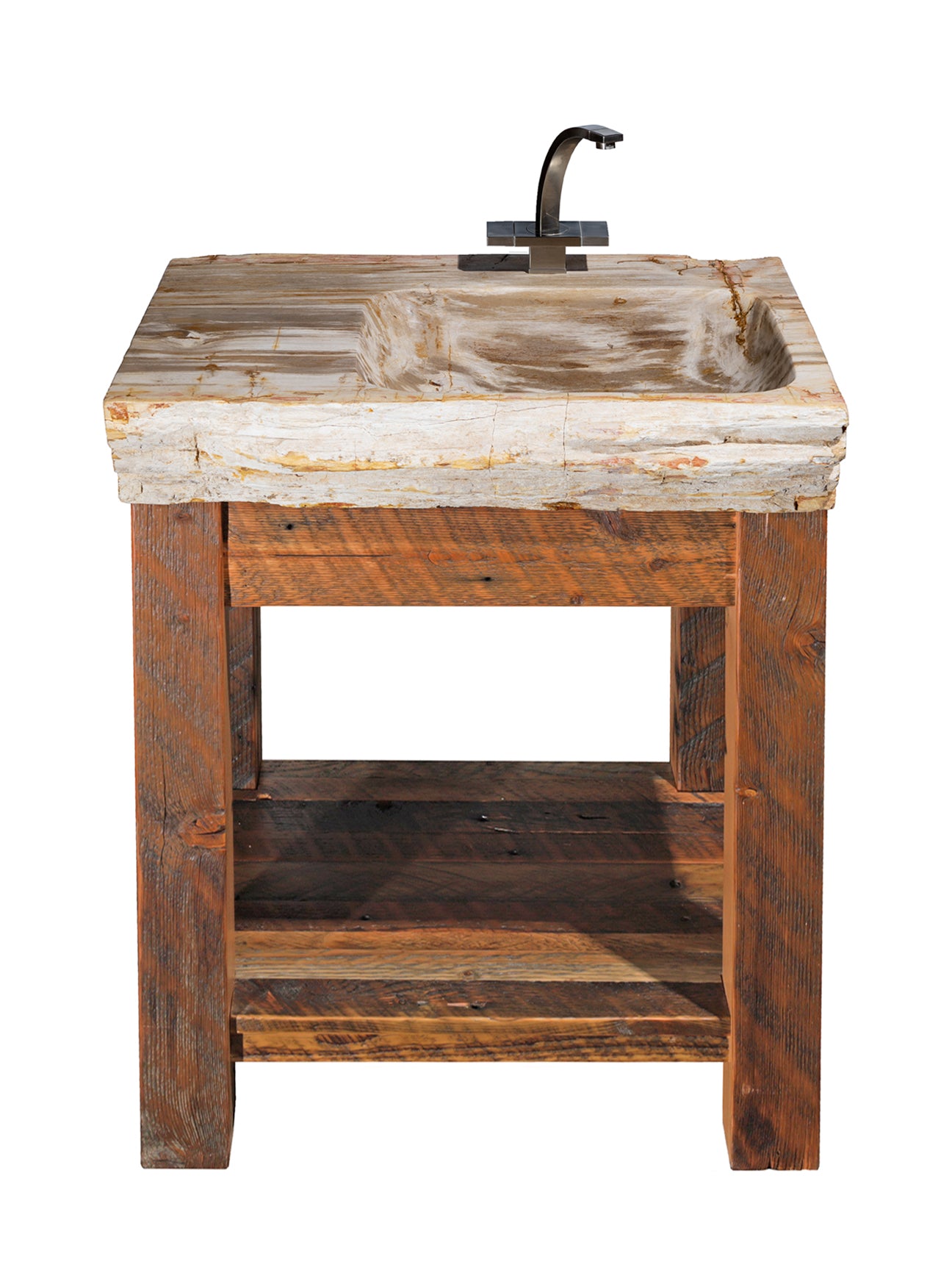 30" Rustic Reclaimed Barnwood Vanity with Petrified Wood Sink
