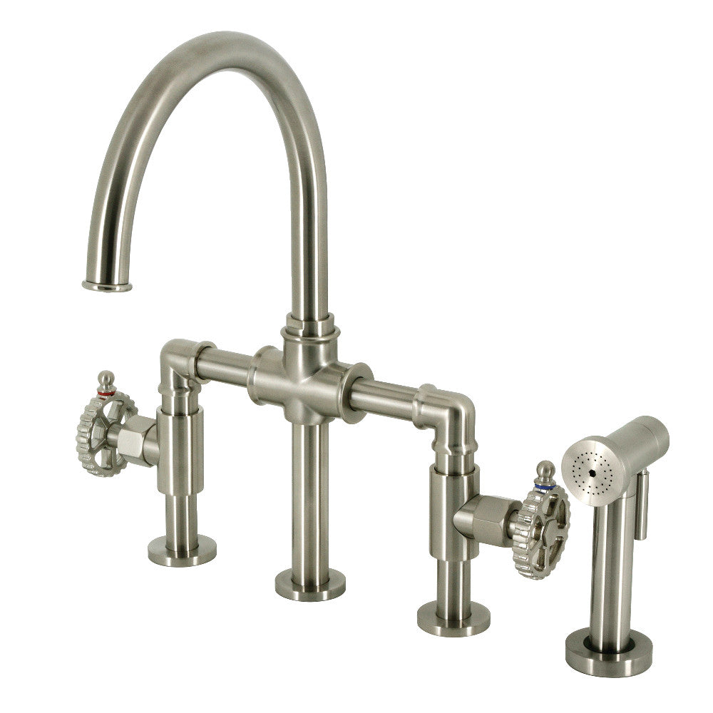 Fuller Industrial Style Bridge Kitchen Faucet with Brass Sprayer