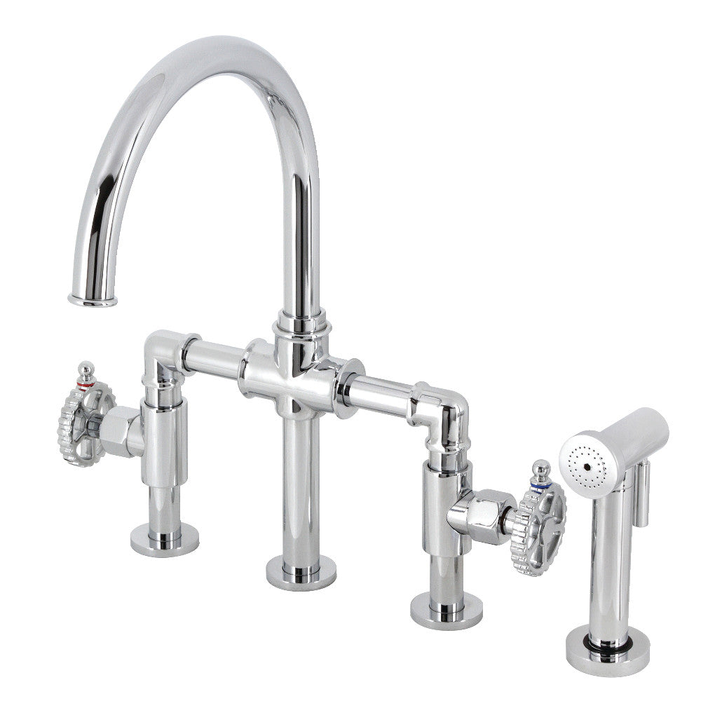 Fuller Industrial Style Bridge Kitchen Faucet with Brass Sprayer