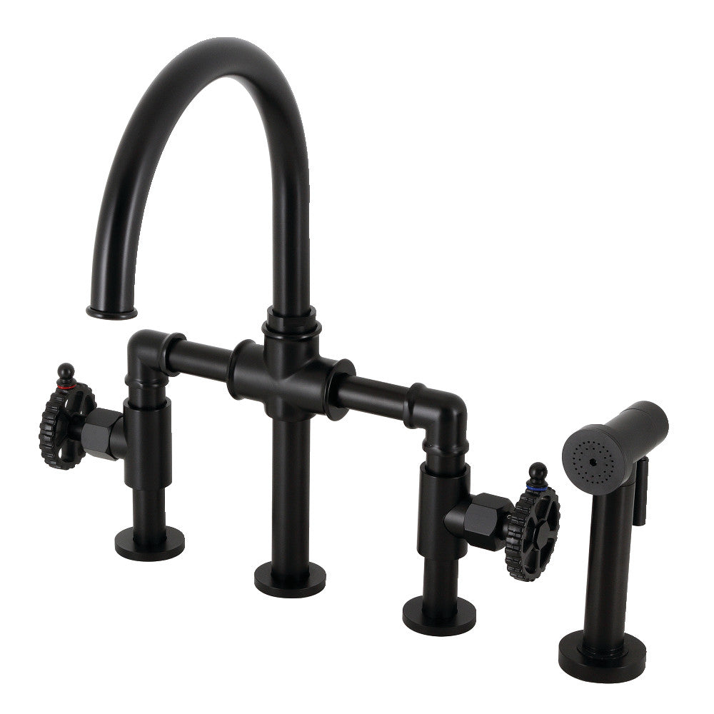 Fuller Industrial Style Bridge Kitchen Faucet with Brass Sprayer