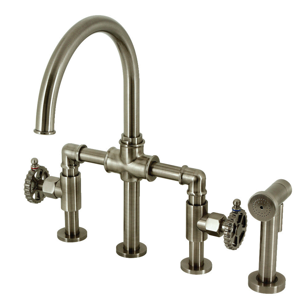 Fuller Industrial Style Bridge Kitchen Faucet with Brass Sprayer