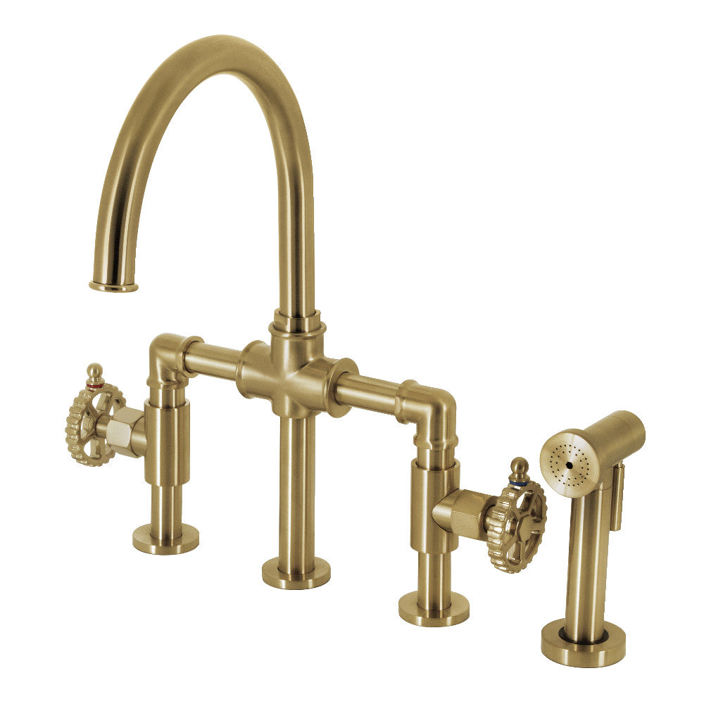 Fuller Industrial Style Bridge Kitchen Faucet with Brass Sprayer