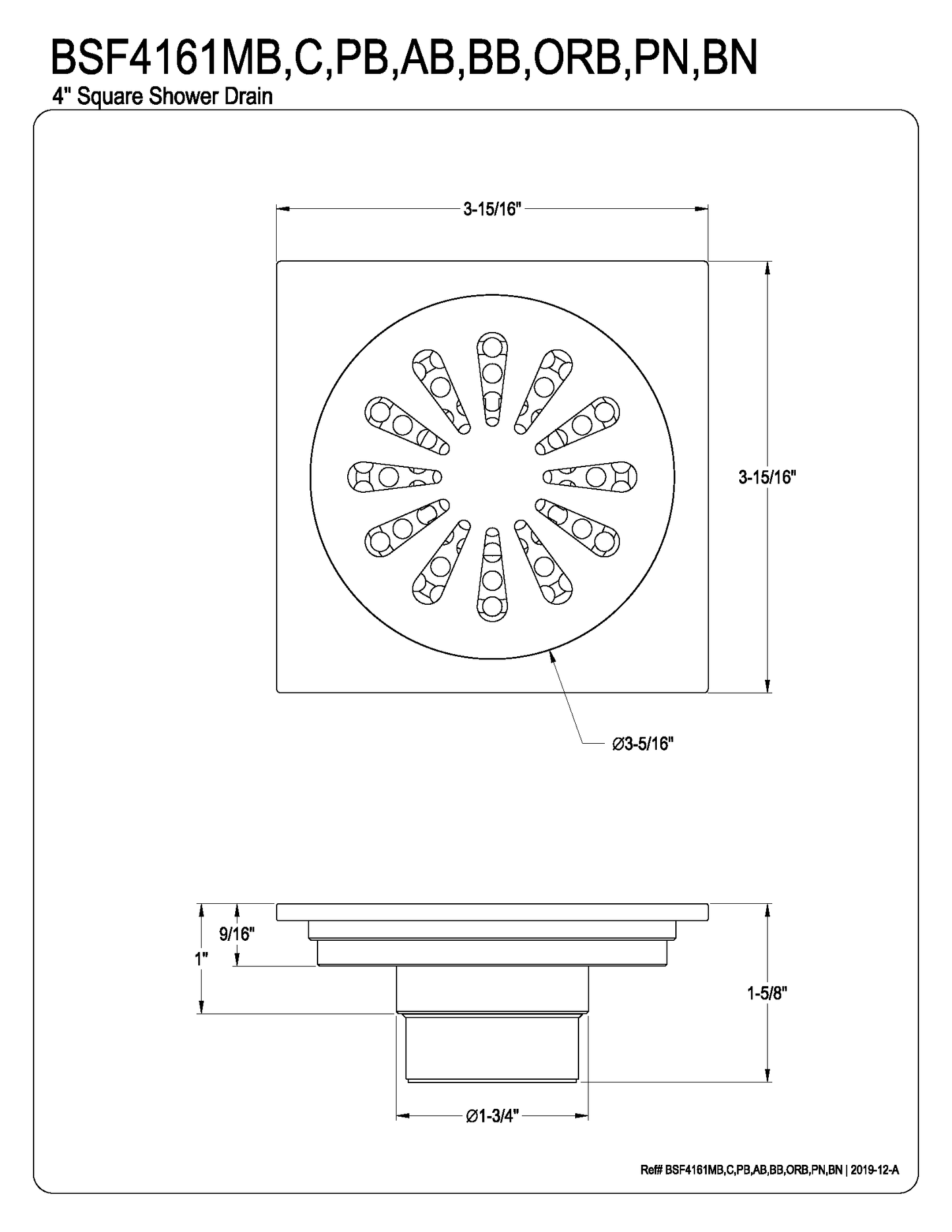 Watercourse Sunburst 4″ Square Grid Shower Drain