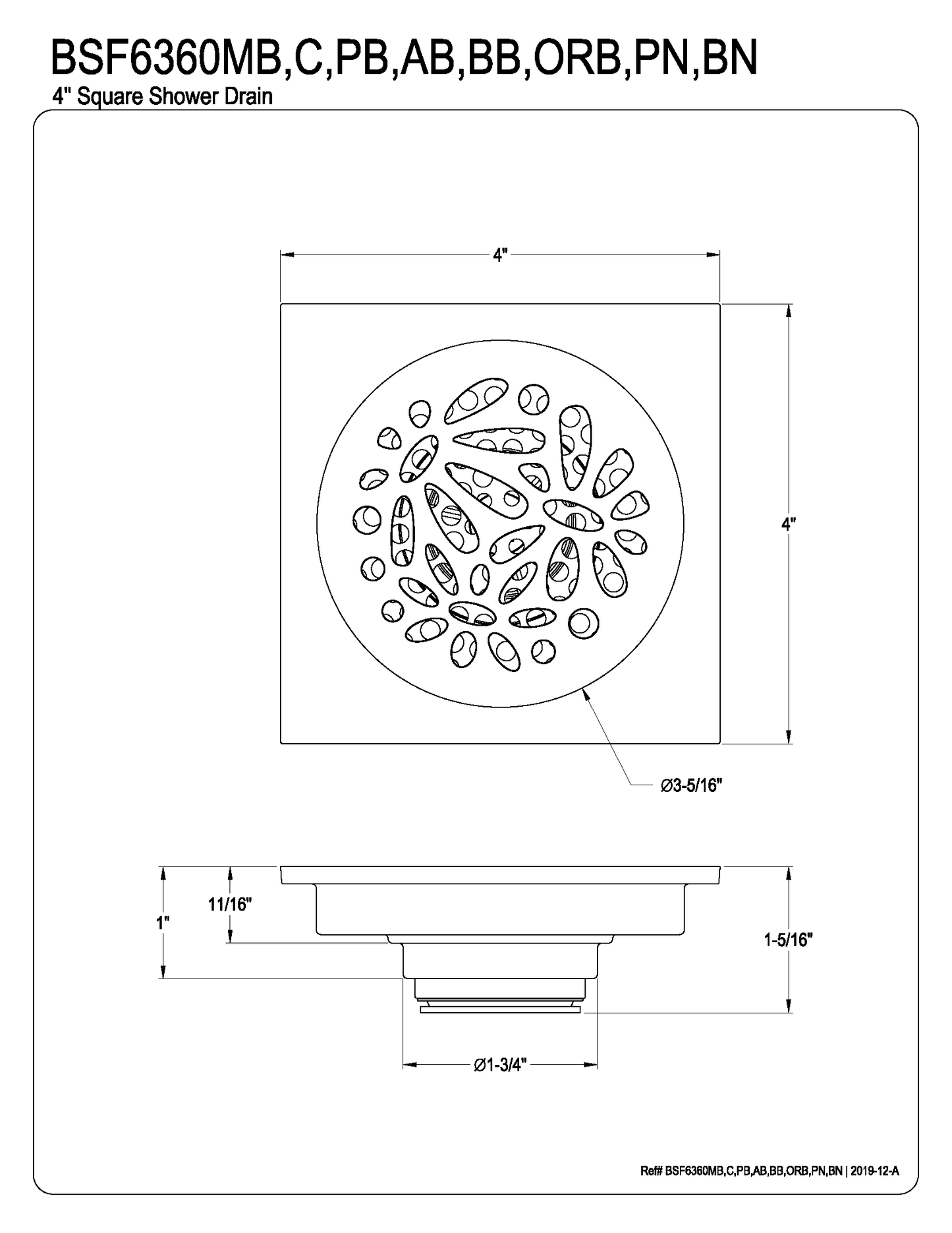 Watercourse Floral 4" Square Grid Shower Drain